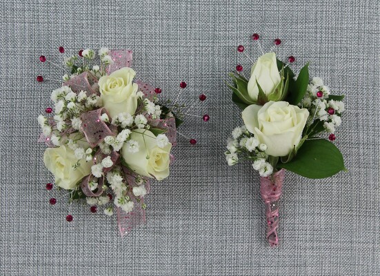 3 White Rose Corsage with Baby's Breath and Stones from Flowers by Ray and Sharon in Muskegon, MI
